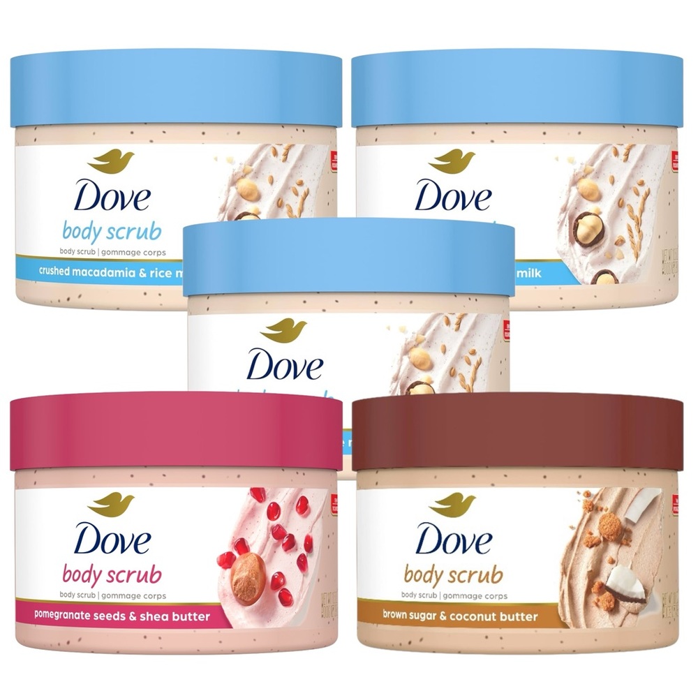 (5) Dove Body Scrub - Macadamia Rice Milk, Pomegranate Shea, Brown Sugar Coconut